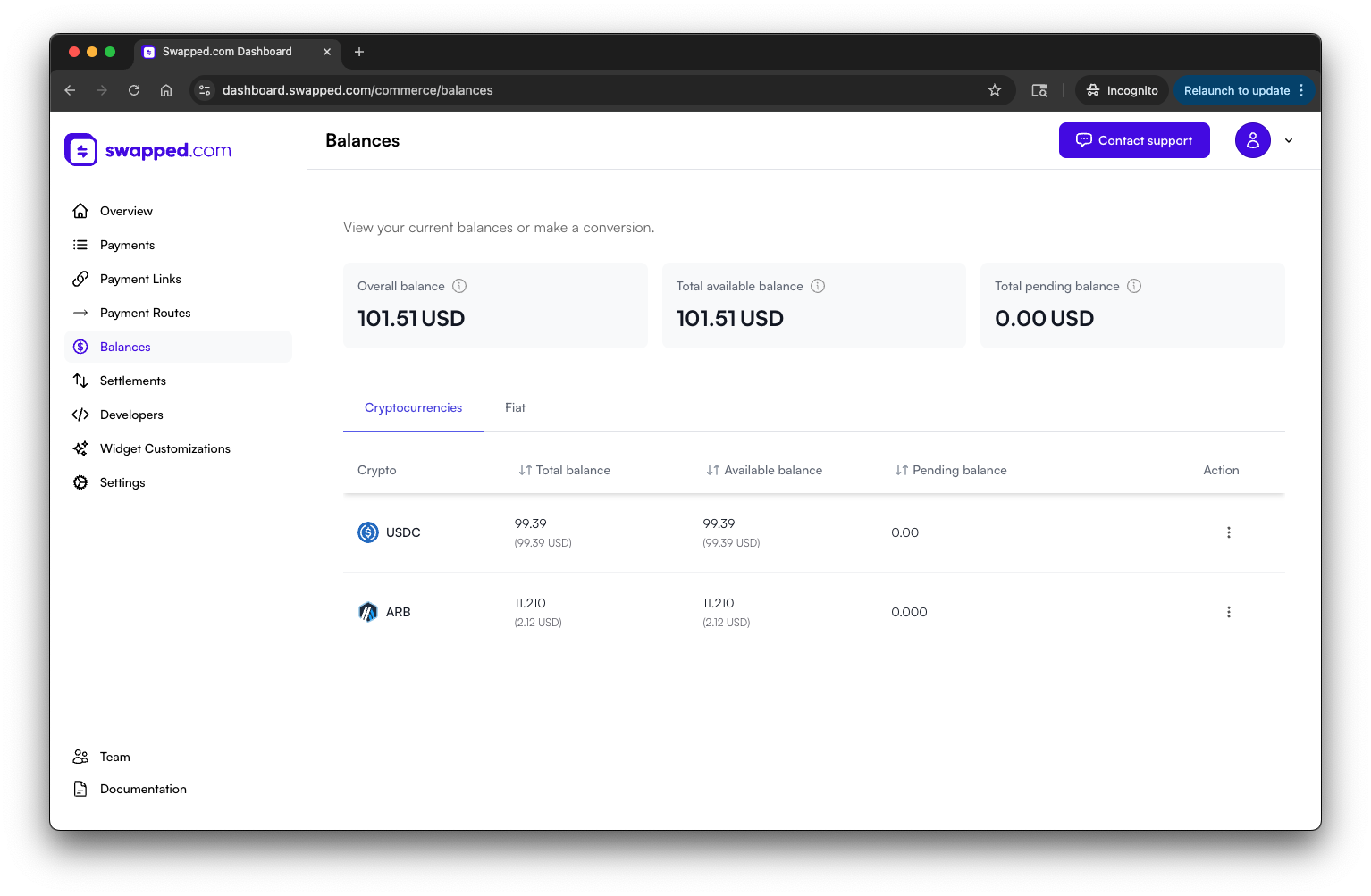 Swapped Commerce - Balance Dashboard